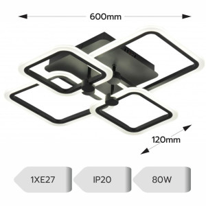 LUSTRA LED PATRATA NEAGRA 80W CU 4 BRATE 3 CULORI+IR 600x120mm