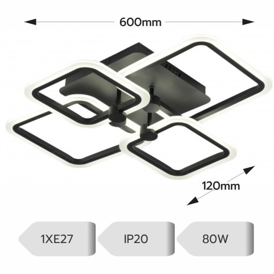 LUSTRA LED PATRATA NEAGRA 80W CU 4 BRATE 3 CULORI+IR 600x120mm