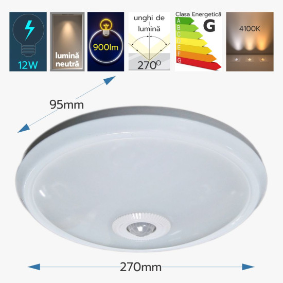 Plafoniera Led cu senzor de miscare reglabil  Ø270, 12W=75W, 4100K, lumina neutra
