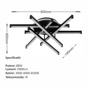 LUSTRA LED AXIS NEGRU 6 BRATE 88W 5900LM 800*600*190MM
