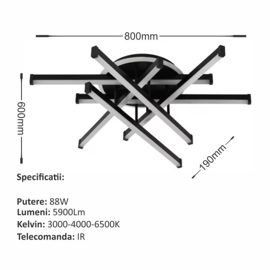 LUSTRA LED AXIS NEGRU 6 BRATE 88W 5900LM 800*600*190MM