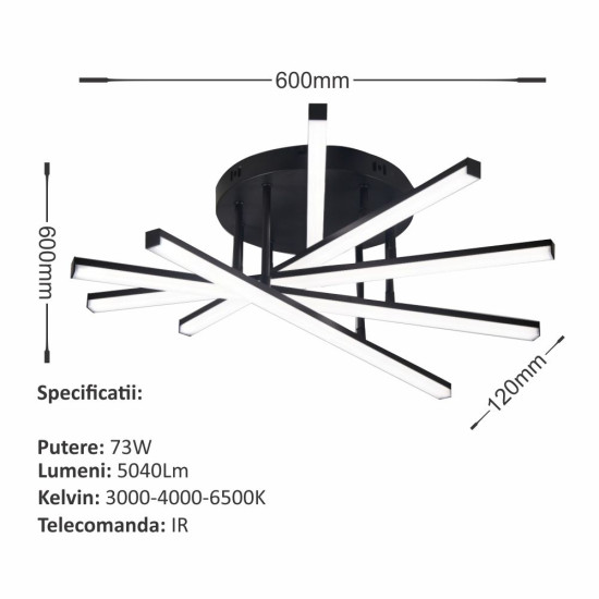 LUSTRA LED AXIS NEGRU 6 BRATE 73W 5040lm 600*600*120mm