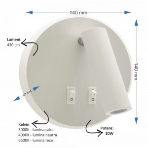 APLICA LED ALBA CU SPOT 10W 430LM 3000K-4000K-6500K 140MM*140MM*68MM