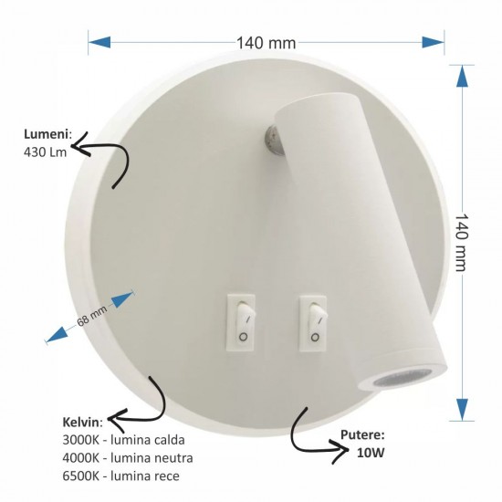 APLICA LED ALBA CU SPOT 10W 430LM 3000K-4000K-6500K 140MM*140MM*68MM