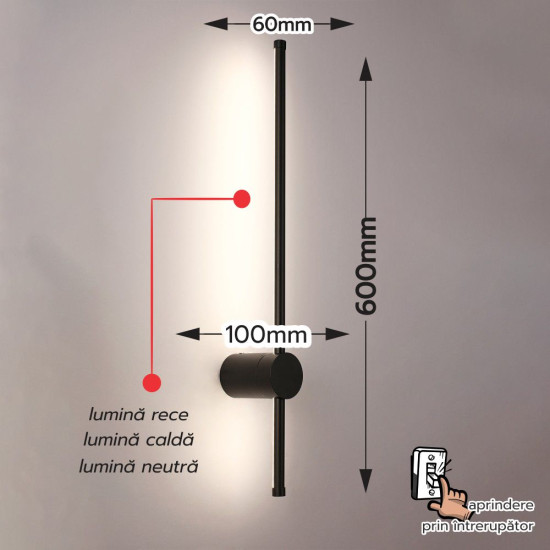 Aplica led liniara neagra 11W/550LM/4000K - 600mm