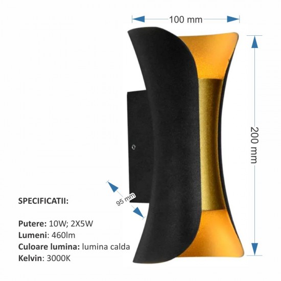  APLICA LED PERETE MAIA 2*5W 460LM 3000K IP65 NEGRU 200*100*95MM