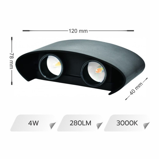 APLICA LED PERETE LUMARO 4W 280LM 3000K NEGRU 120*78*40MM