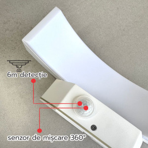 Aplica LED de exterior concava cu senzor Alba, 24W=160W, 3000K, lumina calda, 2160Lm, IP65