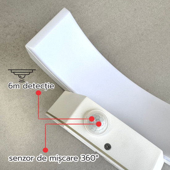 Aplica LED de exterior concava cu senzor Alba, 24W=160W, 3000K, lumina calda, 2160Lm, IP65