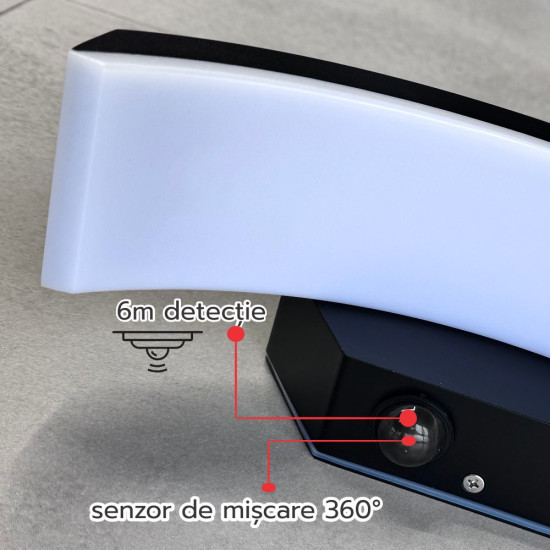 Aplica LED de exterior concava cu senzor Neagra, 24W=160W, 3000K, lumina calda, 2160Lm, IP65