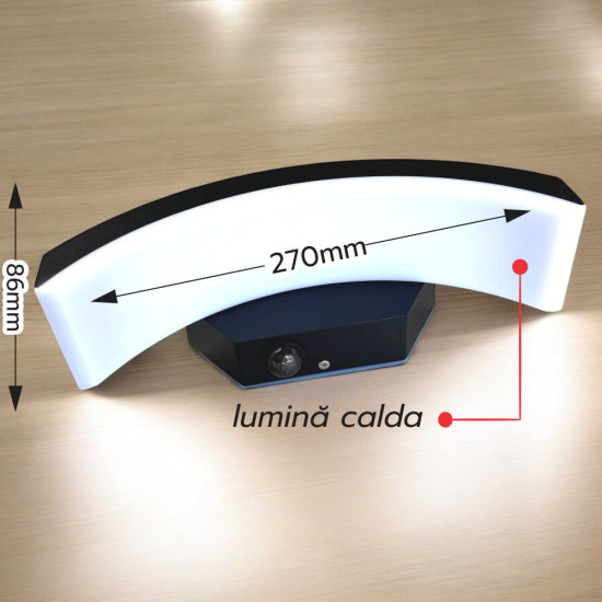 Aplica LED de exterior concava cu senzor Neagra, 24W=160W, 3000K, lumina calda, 2160Lm, IP65