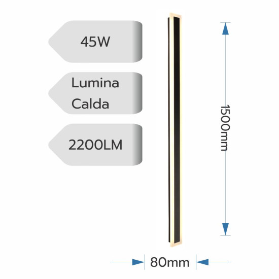 Aplica led liniara de perete neagra 45W/2200LM/3000K - 1500mm