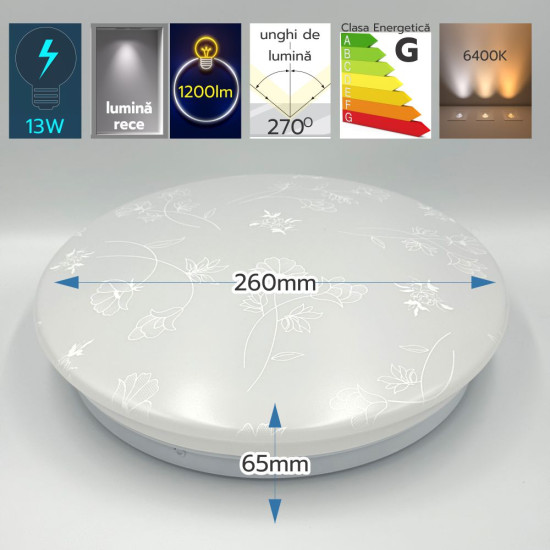Plafoniera LED Flower  fi260 13W=75W, 6400K, lumina rece