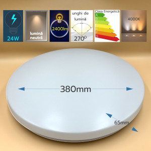 Plafoniera Led Slim Milky 24W=200W, Ø380x65 mm, 4000k, lumina neutra