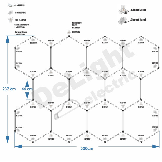 Set 11 Hexagoane LED Honeycomb 276W Tuburi 440mm Set 11 Hexagoane LED Honeycomb 276W Tuburi 440mm