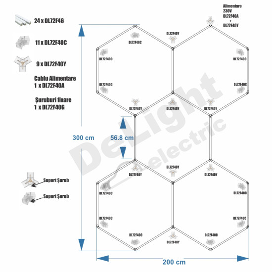 Kit 5 hexagoane LED Honeycomb T5 48W Tub 568mm